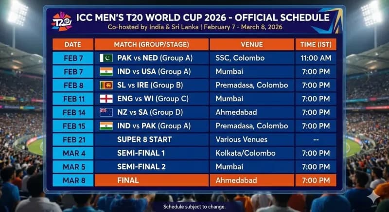 ICC Men’s T20 World Cup 2026 Schedule: Match List, Dates and Venues | CricLegacy